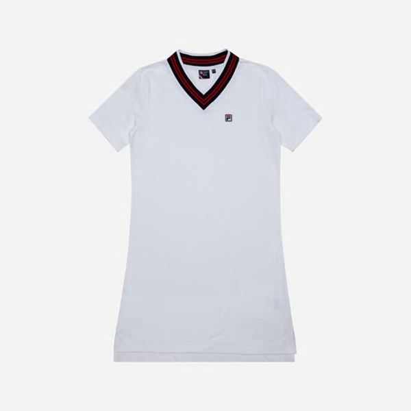 Fila Line V-Neck Women's Dresses - White,NZ 461-79431